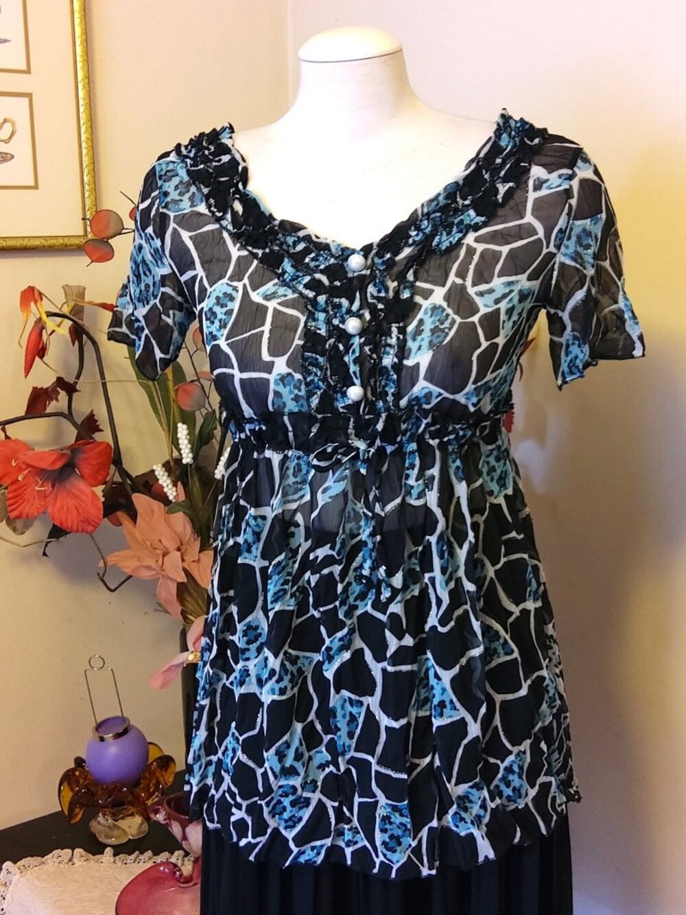 NWOT Kensie Women’s Teal Blue Black Printed Tunic Blouse Summer Top 6
